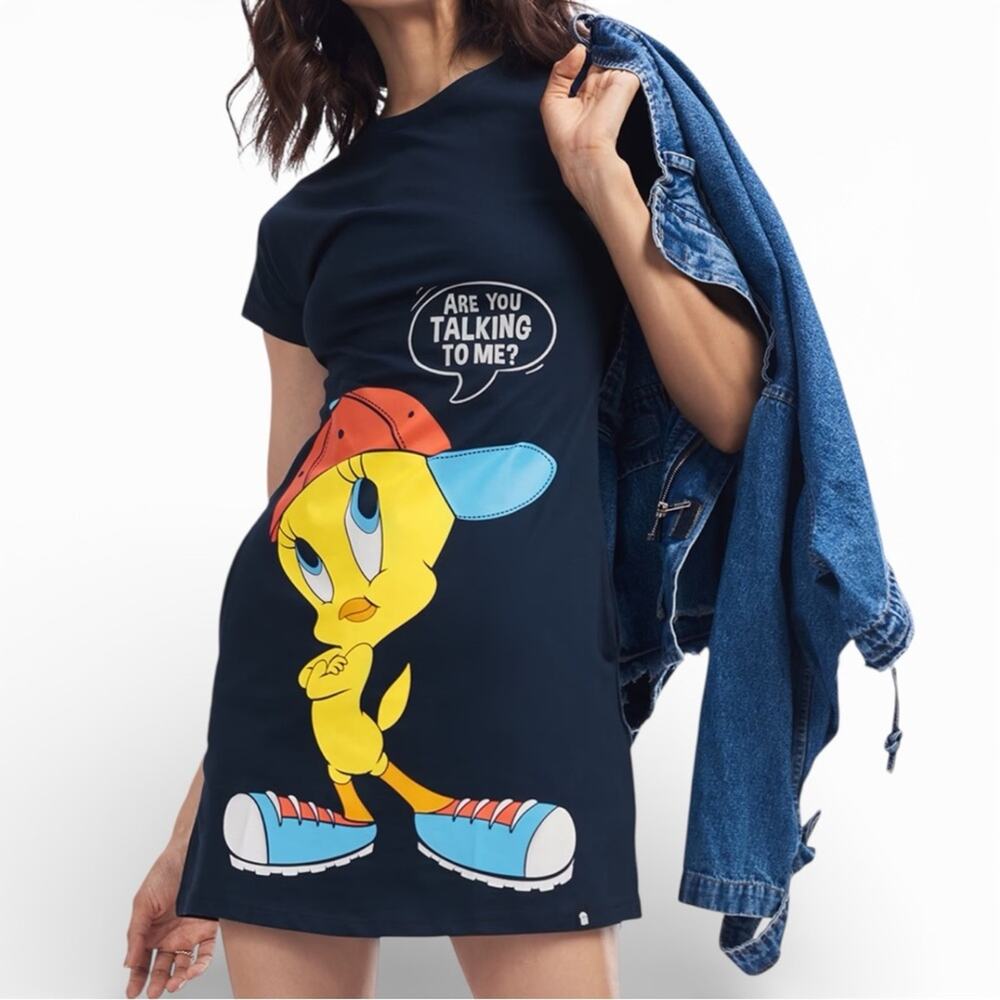The Souled Store Looney Tunes Tweety Bird Graphic T-Shirt Dress M Navy Crew